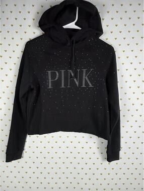 Victorias Secret Pink Bling Studded Hooded Cropped Sweater Shirt Black XS